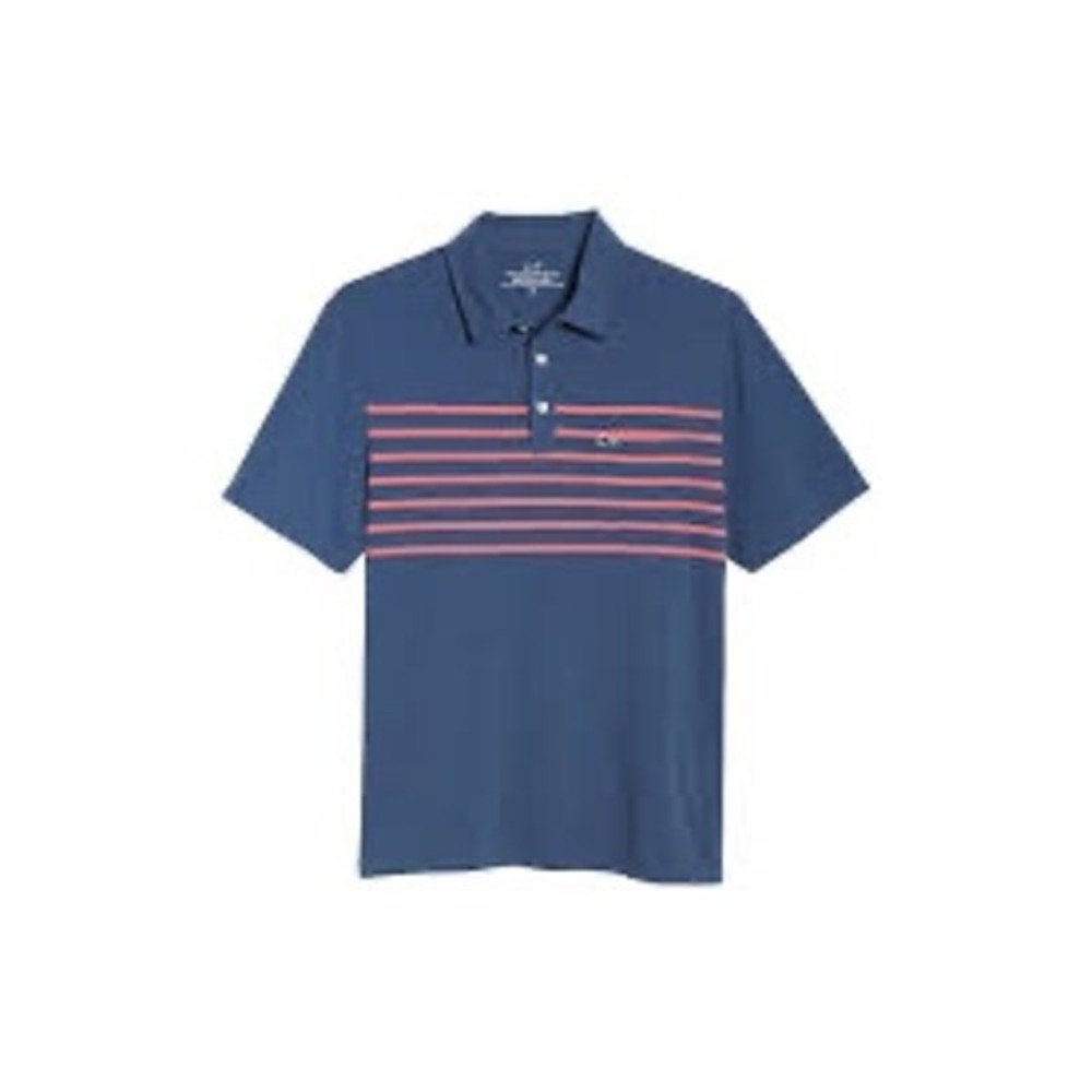 Vineyard Vines Boys XL 18 Edgartown Polo Shirt Navy Blue Coral Pink Striped